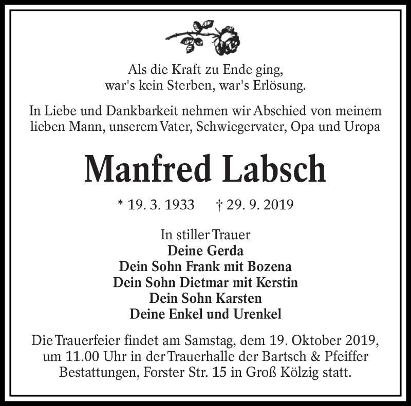  Traueranzeige für Manfred Labsch vom 12.10.2019 aus lausitzer_rundschau