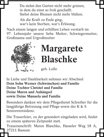 Traueranzeige von Margarete Blaschke von lausitzer_rundschau