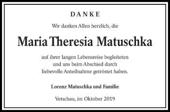 Traueranzeige von Maria Theresia Matuschka von lausitzer_rundschau
