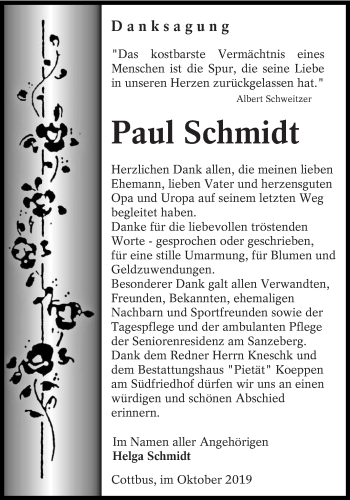 Traueranzeige von Paul Schmidt von lausitzer_rundschau