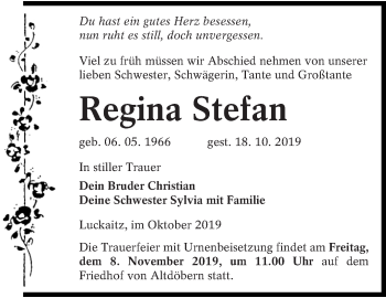 Traueranzeige von Regina Stefan von lausitzer_rundschau