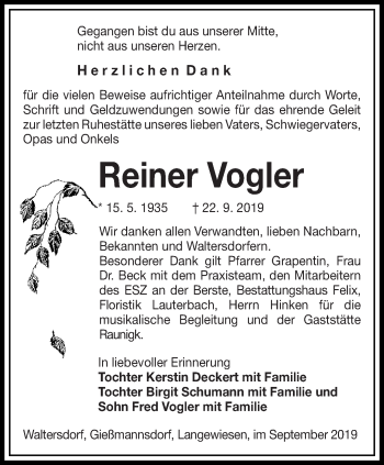 Traueranzeige von Reiner Vogler von lausitzer_rundschau