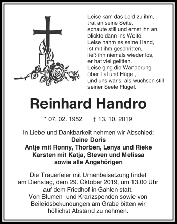 Traueranzeige von Reinhard Handro von lausitzer_rundschau