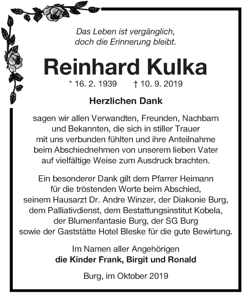  Traueranzeige für Reinhard Kulka vom 16.10.2019 aus lausitzer_rundschau