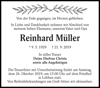 Traueranzeige von Reinhard Müller von lausitzer_rundschau