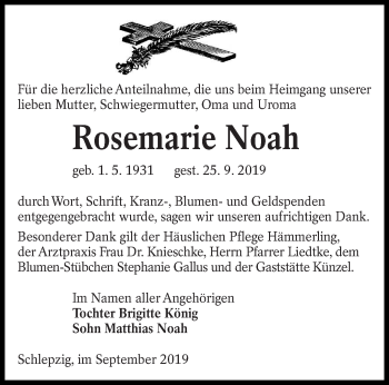 Traueranzeige von Rosemarie Noah von lausitzer_rundschau