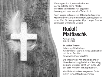Traueranzeige von Rudolf Mattiaschk von lausitzer_rundschau