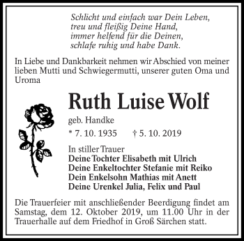 Traueranzeige von Ruth Luise Wolf von lausitzer_rundschau