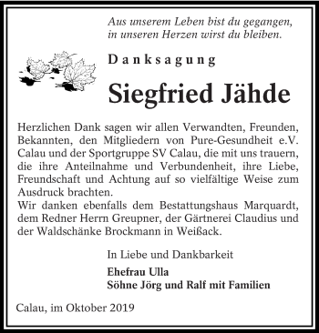 Traueranzeige von Siegfried Jähde von lausitzer_rundschau