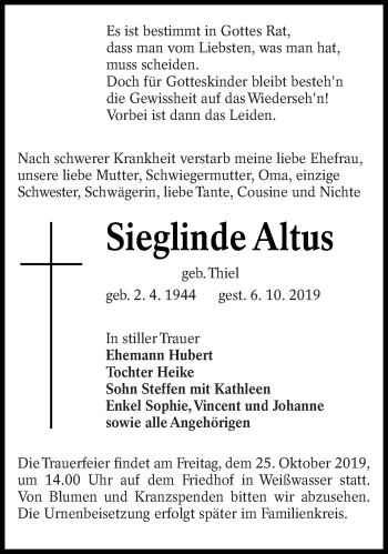 Traueranzeige von Sieglinde Altus von lausitzer_rundschau