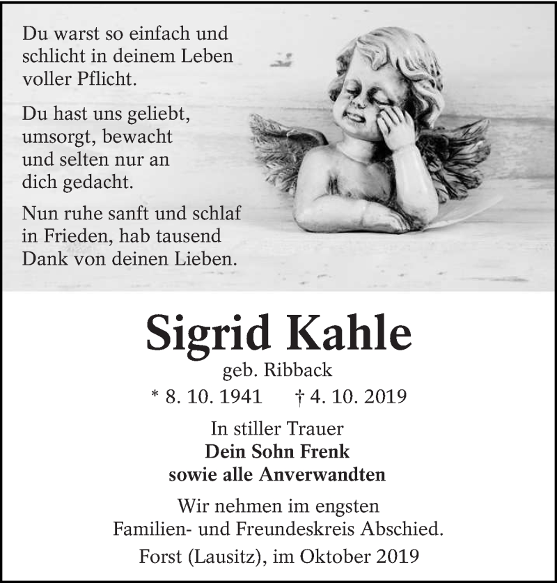  Traueranzeige für Sigrid Kahle vom 12.10.2019 aus lausitzer_rundschau