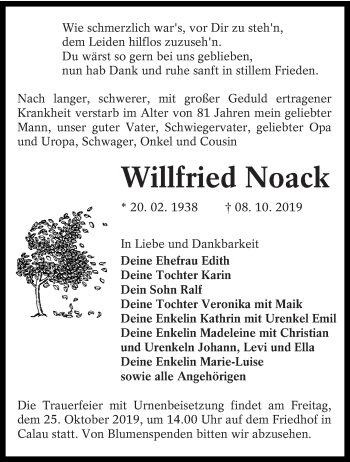 Traueranzeige von Willfried Noack von lausitzer_rundschau