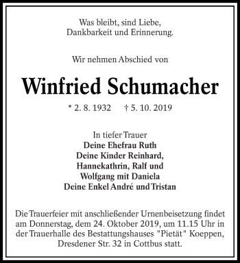 Traueranzeige von Winfried Schumacher von lausitzer_rundschau