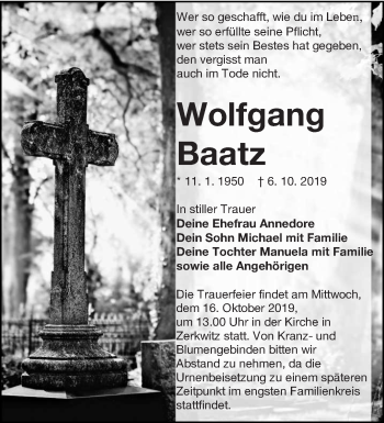 Traueranzeige von Wolfgang Baatz von lausitzer_rundschau