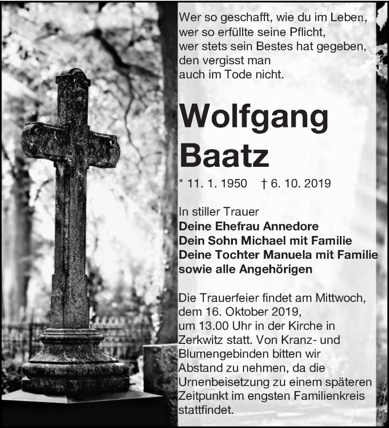  Traueranzeige für Wolfgang Baatz vom 12.10.2019 aus lausitzer_rundschau