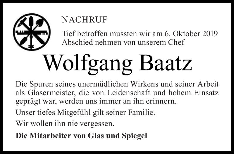  Traueranzeige für Wolfgang Baatz vom 16.10.2019 aus lausitzer_rundschau
