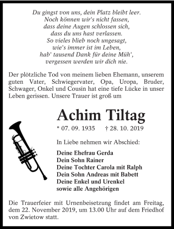 Traueranzeige von Achim Tiltag von lausitzer_rundschau