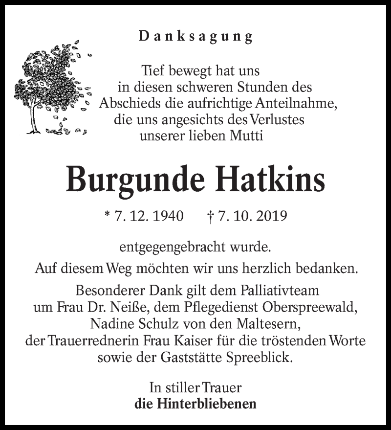  Traueranzeige für Burgunde Hatkins vom 09.11.2019 aus lausitzer_rundschau
