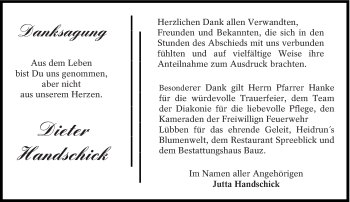 Traueranzeige von Dieter Handschick von lausitzer_rundschau