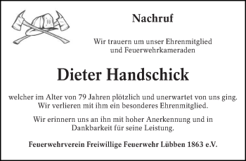 Traueranzeige von Dieter Handschick von lausitzer_rundschau