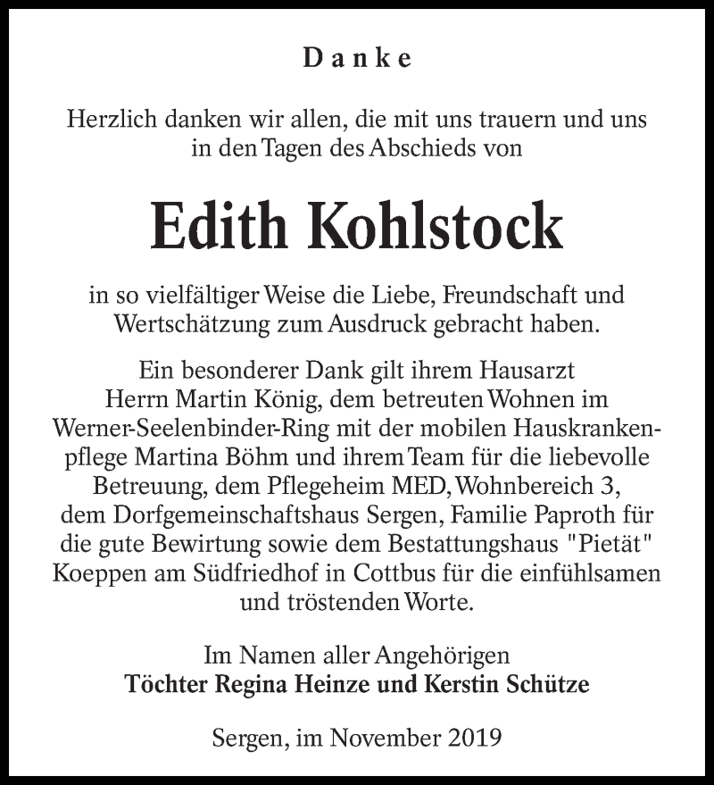  Traueranzeige für Edith Kohlstock vom 23.11.2019 aus lausitzer_rundschau