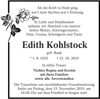 Traueranzeige von Edith Kohlstock von lausitzer_rundschau