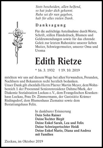 Traueranzeige von Edith Rietze von lausitzer_rundschau