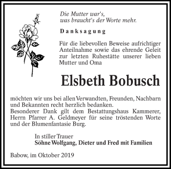 Traueranzeige von Elsbeth Bobusch von lausitzer_rundschau