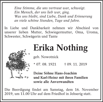 Traueranzeige von Erika Nothing von lausitzer_rundschau