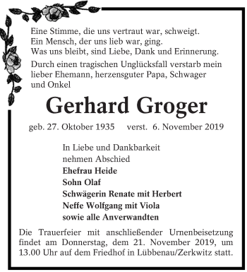 Traueranzeige von Gerhard Groger von lausitzer_rundschau