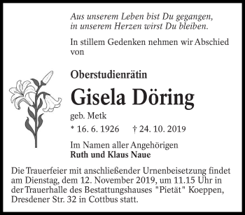 Traueranzeige von Gisela Döring von lausitzer_rundschau