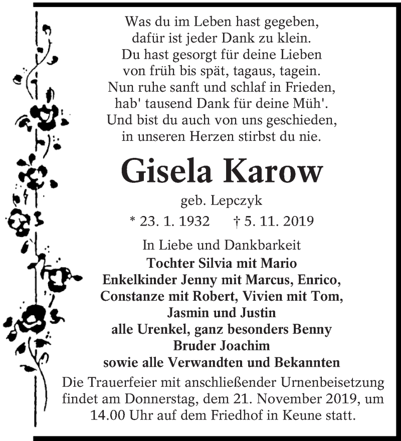  Traueranzeige für Gisela Karow vom 09.11.2019 aus lausitzer_rundschau