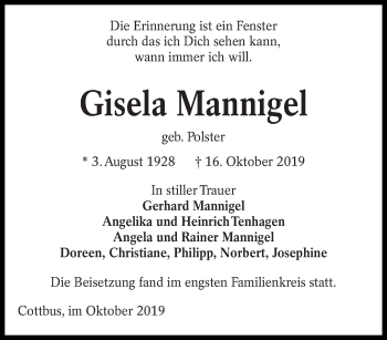 Traueranzeige von Gisela Mannigel von lausitzer_rundschau