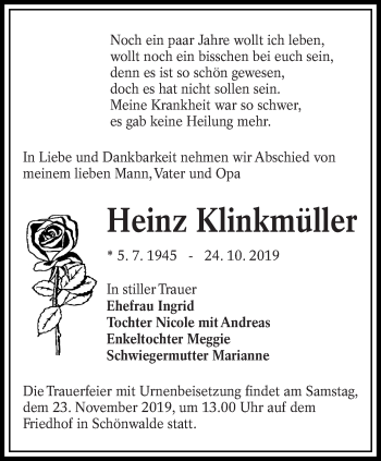 Traueranzeige von Heinz Klinkmüller von lausitzer_rundschau