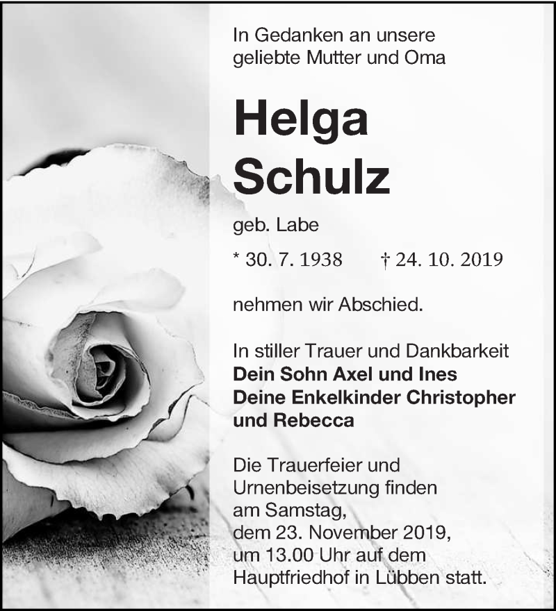  Traueranzeige für Helga Schulz vom 16.11.2019 aus lausitzer_rundschau