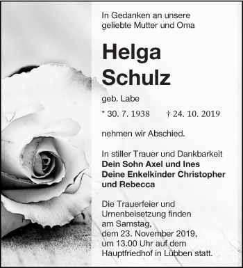 Traueranzeige von Helga Schulz von lausitzer_rundschau