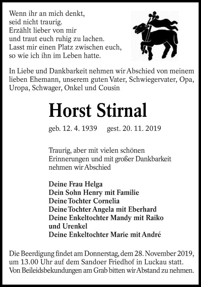  Traueranzeige für Horst Stirnal vom 23.11.2019 aus lausitzer_rundschau