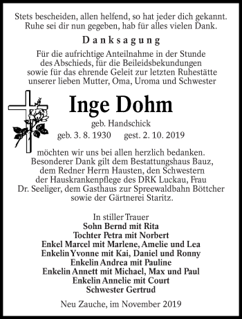 Traueranzeige von Inge Dohm von lausitzer_rundschau