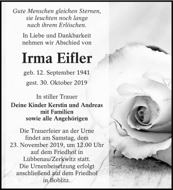 Traueranzeige von Irma Eifler von lausitzer_rundschau