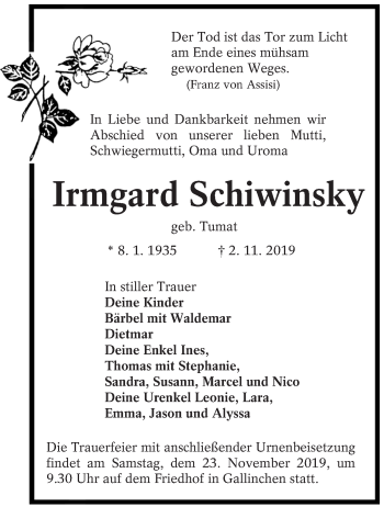 Traueranzeige von Irmgard Schiwinsky von lausitzer_rundschau