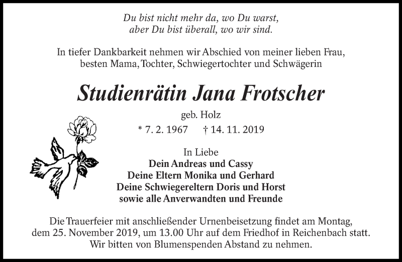  Traueranzeige für Jana Frotscher vom 20.11.2019 aus lausitzer_rundschau