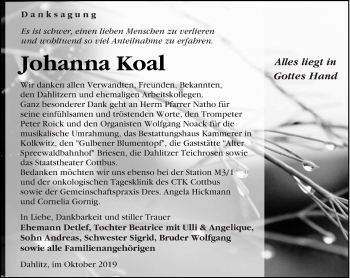 Traueranzeige von Johanna Koal von lausitzer_rundschau