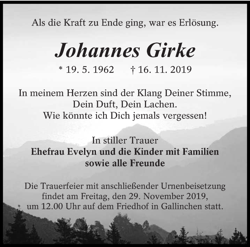  Traueranzeige für Johannes Girke vom 22.11.2019 aus lausitzer_rundschau