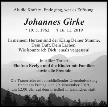 Traueranzeige von Johannes Girke von lausitzer_rundschau