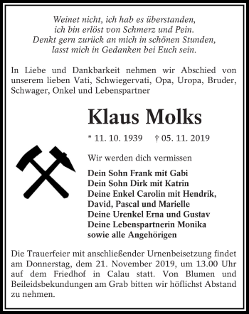 Traueranzeige von Klaus Molks von lausitzer_rundschau