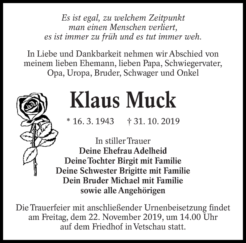  Traueranzeige für Klaus Muck vom 16.11.2019 aus lausitzer_rundschau