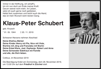 Traueranzeige von Klaus-Peter Schubert von lausitzer_rundschau