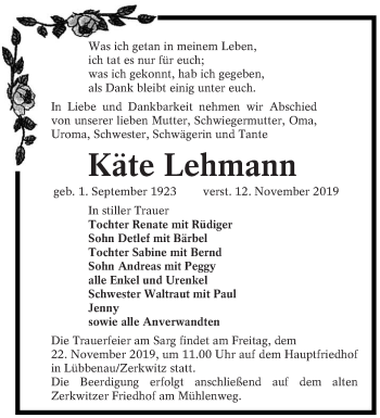 Traueranzeige von Käte Lehmann von lausitzer_rundschau