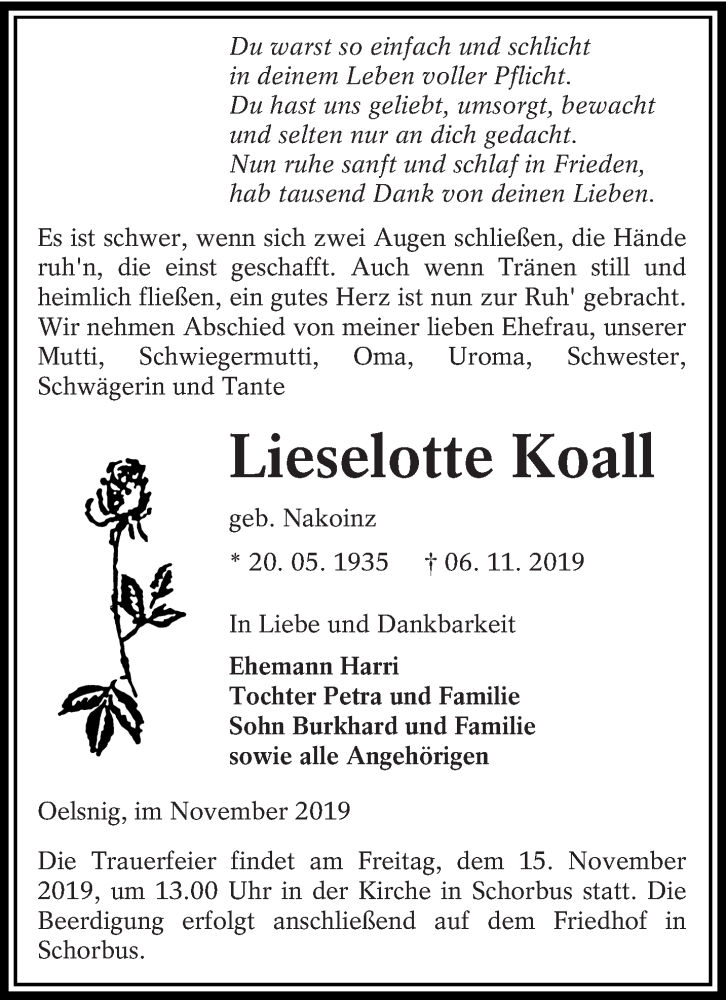  Traueranzeige für Lieselotte Koall vom 09.11.2019 aus lausitzer_rundschau