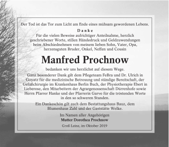 Traueranzeige von Manfred Prochnow von lausitzer_rundschau